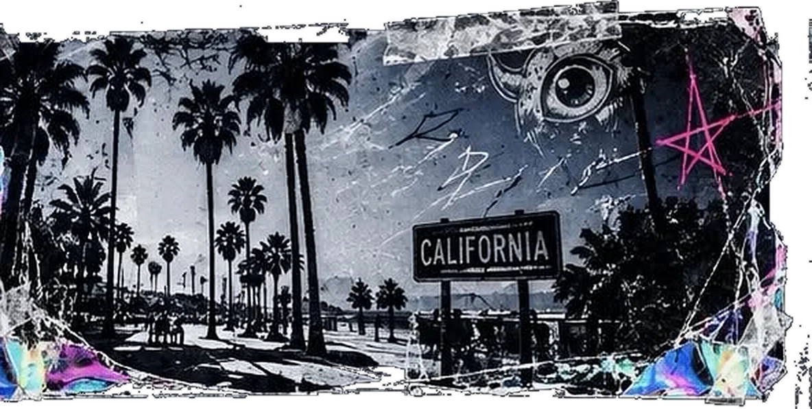 Palm-lined California street in black and white, with a California sign and the MONSTER eye sketched in the sky