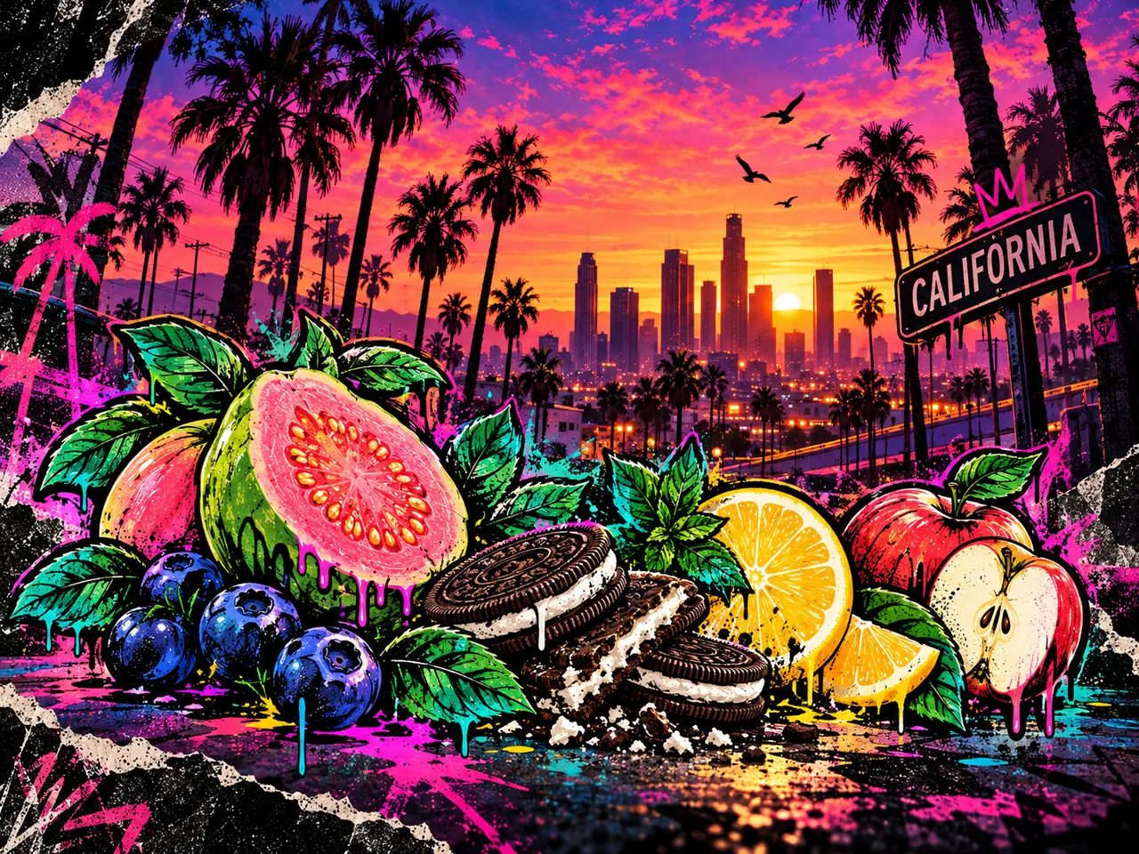 Guava, blueberries, cookies, lemon and apple in front of the Los Angeles skyline at sunset